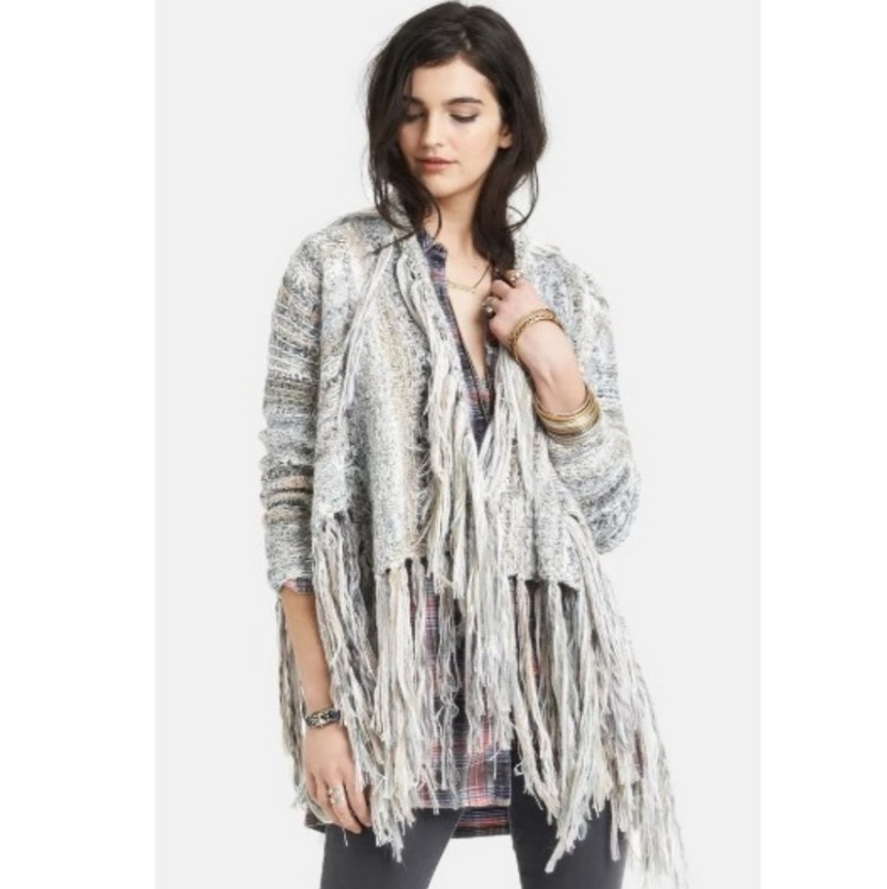 Free People Birkenstock Wool Alpaca Blend Chunky Knit Fringe Poncho Cardigan